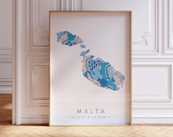 Malta Map Print Minimal Style Pastel Blue Wall Art, Malta Art Print Decor For Home or Gift, Malta Country Vertical Color Travel Map Poster