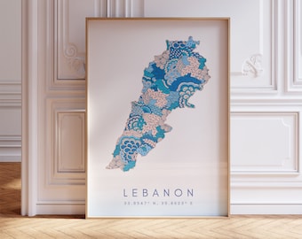 Lebanon Map Print Minimal Style Pastel Blue Wall Art, Lebanon Art Print Decor For Home or Gift, Lebanon Country Travel Map Poster