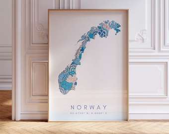 Norway Map Print Minimal Style Pastel Blue Wall Art, Norway Art Print Decor For Home or Gift, Norway  Country Map Poster