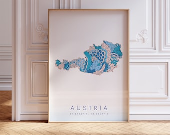 Austria Designer Map Print Blue Wall Art, Austria Art Print Decor For Home or Gift, Austria Country Map Wall Poster, Minimal Map Print