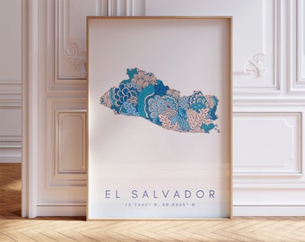 El Salvador Designer Karte Print Blaue Wandkunst, El Salvador Art Print Decor For Home or Gift, El Salvador Country Map Wall Poster, Minimal Map