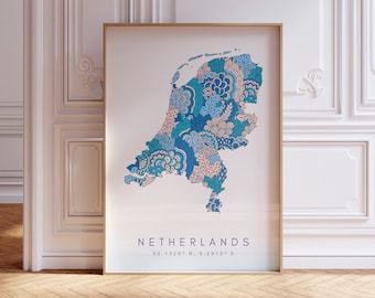 Impressão de mapa da Holanda estilo mínimo pastel azul arte de parede, decoração de impressão de arte da Holanda para casa ou presente, pôster de mapa colorido do país da Holanda