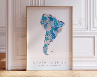 South America Designer Map Print Blue Wall Art, South America Art Print Decor For Home or Gift, South America Continent Map Wall Map Print