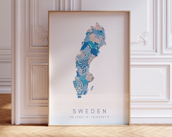 Sweden Map Print Minimal Style Pastel Blue Wall Art, Sweden Art Print Decor For Home or Gift, Sweden Country Map Poster, Sweden wall hnaging