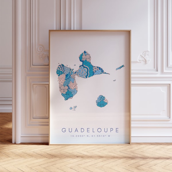 Guadeloupe Designer Map Print Blue Wall Art, Guadeloupe Art Print Decor For Home or Gift, Guadeloupe Country Map Wall Poster, Minimal Map