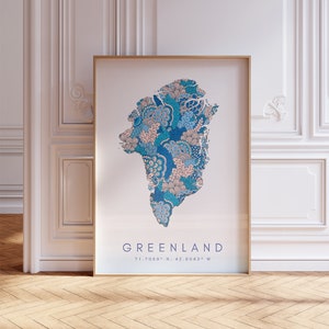 Groenlandia diseñador mapa imprimir arte de la pared azul, decoración de impresión de arte de Groenlandia para el hogar o regalo, cartel de la pared del mapa del país de Groenlandia, impresión de mapa mínima