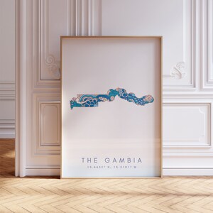 Gambia mapa imprimir estilo minimalista pastel azul arte de la pared, Gambia arte impresión decoración para el hogar o regalo, cartel del mapa del país de Gambia