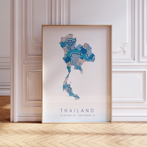 Stampa mappa artistica della Thailandia Arte da parete in stile minimal blu pastello, stampa artistica della Thailandia per la casa o un regalo, poster con mappa verticale del paese della Thailandia