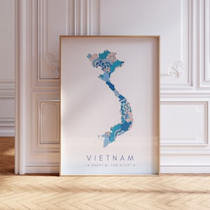 Vietnam Map Print Minimal Style Pastel Blue Wall Art, Vietnam Art Print Decor For Home or Gift, Vietnam Country Poster, Vietnam Travel Map