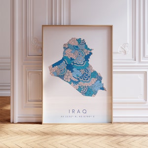 Iraq Japanese Design Map Print Blue Wall Art, Iraq Art Print Decor For Home or Gift, Iraq Country Map Wall Poster