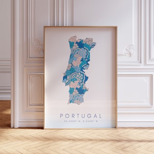 Portugal Map Print Minimal Style Pastel Blue Wall Art, Portugal Art Print Decor For Home or Gift, Portugal Map Poster, Portugal Color map
