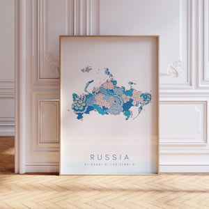 Russland Karte Druck Minimal Style Pastell Blau Wandkunst, Die Russische Föderation Kunstdruck Dekor Für Zuhause oder Geschenk, Russland Landkarte Poster