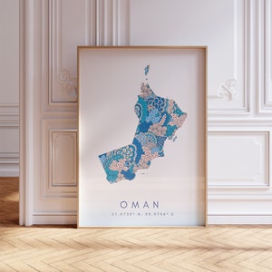 Oman Karte Drucken Minimal Art Pastell Blaue Wand Kunst, Oman Kunstdruck Dekor für Haus oder Geschenk, Oman Land Urban Style Farbe Karte Poster