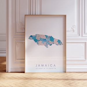 Jamaica mapa imprimir estilo minimalista arte de pared azul pastel, decoración de impresión de arte de Jamaica para el hogar o regalo, cartel del mapa de viajes urbanos del país de Jamaica