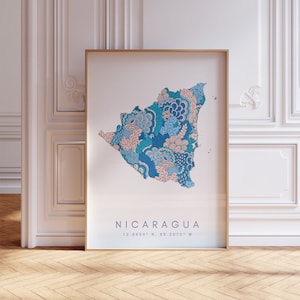 Nicaragua Mapa Imprimir Estilo Minimalista Pastel Azul Arte de la pared, Nicaragua Arte Impresión Decoración para el hogar o regalo, Nicaragua País Color Mapa Cartel