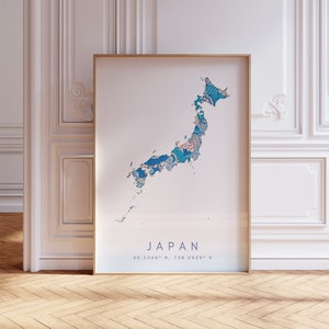 Japon Carte Imprimer Style minimal Pastel Bleu Mur Art, Japon Art Print Décor pour la maison ou cadeau, Japon Pays Urbain Carte de voyage Affiche