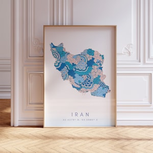 Iran Japanese Design Map Print Blue Wall Art, Iran Art Print Decor For Home or Gift, Iran Country Map Wall Poster