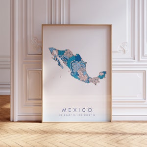 Mexiko Karte Drucken Minimal Art Pastellblau Wandkunst, Mexiko Kunstdruck Dekor für Haus oder Geschenk, Mexiko Land Farbe Reisekarte Poster