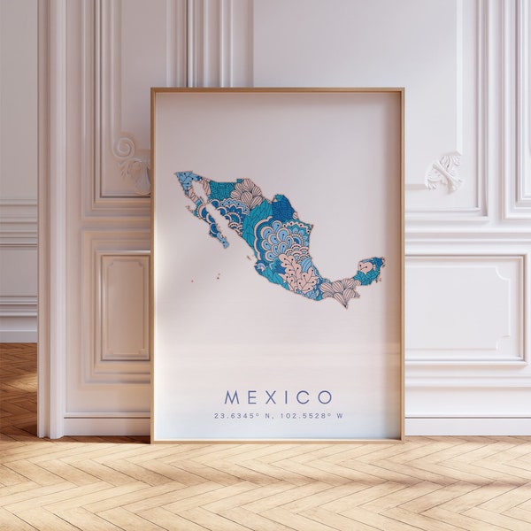 Mexico Map Print Minimal Style Pastel Blue Wall Art, Mexico Art Print Decor For Home or Gift, Mexico Country Color Travel Map Poster