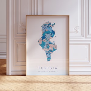 Tunesien Karte Print Minimal Style Pastell Blau Wandkunst, Tunesien Art Print Decor For Home or Gift, Tunesien Country Poster, Tunesien Wandbehang
