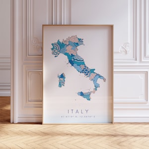 Impresión de mapas de Italia, arte de pared azul pastel de estilo minimalista, decoración de impresión de arte de Italia para el hogar o regalo, cartel de mapa de viajes urbanos del país de Italia