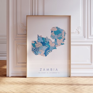Sambia Karte Druck Minimal Style Pastell Blau Wand Kunst, Sambia Kunstdruck Dekor für Zuhause oder Geschenk, Sambia Land Vertikaler Stil Karte Poster
