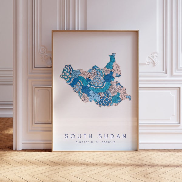 Zuid-Soedan kaart print minimalistische stijl pastel blauwe muur kunst, Zuid-Soedan Art Print decor voor thuis of cadeau, Zuid-Soedan land kaart poster