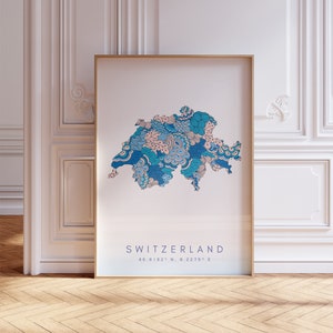 Switzerland Map Print Minimal Style Pastel Blue Wall Art, Switzerland Art Print Decor For Home or Gift, Switzerland Country Map Poster