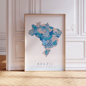 Brasil diseñador mapa imprimir arte de la pared azul, decoración de impresión de arte de Brasil para el hogar o regalo, cartel de la pared del mapa del país de Brasil, impresión de mapa mínima