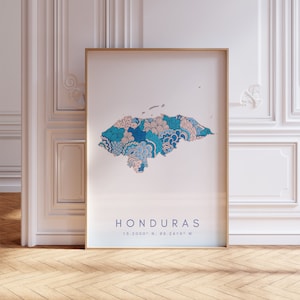 Impression d'art mural bleu carte designer Honduras, impression d'art Honduras pour la maison ou un cadeau, affiche murale de carte du pays du Honduras, impression de carte minimale