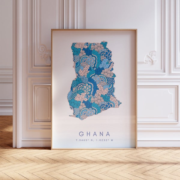 Ghana Designer Map Print Blue Wall Art, Ghana Art Print Decor voor thuis of als cadeau, Ghana Country Map Wall Poster, Minimal Map Print