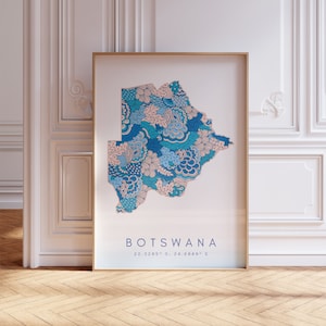 Botswana Designer Map Print Blue Wall Art, Botswana Art Print Decor For Home or Gift, Botswana Country Map Wall Poster, Minimal Map Print