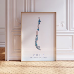 Chile diseñador mapa imprimir arte de la pared azul, decoración de impresión de arte de Chile para el hogar o regalo, cartel de la pared del mapa del país de Chile, impresión de mapa mínimo