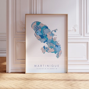Martinique Map Print Minimal Style Pastel Blue Wall Art, Martinique Art Print Decor For Home or Gift, Martinique Country Color Travel Map