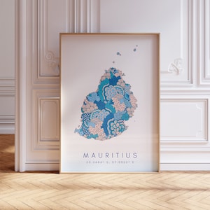 Mauritius Map Print Minimal Style Pastel Blue Wall Art, Mauritius Art Print Decor For Home or Gift, Mauritius Country Color Travel Map
