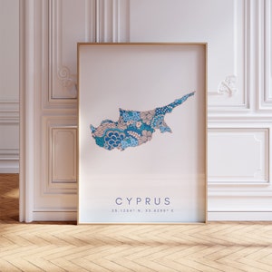 Cyprus Designer Map Print Blue Wall Art, Cyprus Art Print Decor voor thuis of als cadeau, Cyprus Country Map Wall Poster, Minimal Map Print