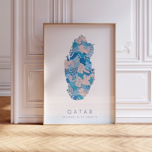 Qatar Map Print Minimal Style Pastel Blue Wall Art, Qatar Art Print Decor For Home or Gift, Qatar Map Poster, Qatar Urban style color map
