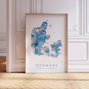 Dinamarca diseñador mapa imprimir arte de la pared azul, decoración de impresión de arte de Dinamarca para el hogar o regalo, cartel de la pared del mapa del país de Dinamarca, impresión de mapa mínima