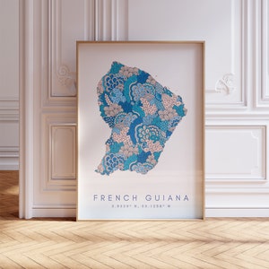 Französisch-Guayana-Designer-Karte Druck blaue Wandkunst, Französisch-Guayana-Art-Druck-Dekor für Haus oder Geschenk, Französisch-Guayana-Landkarte-Wand-Poster
