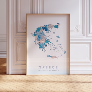 Griechenland Designer Karte Druck Blaue Wandkunst, Griechenland Kunstdruck Dekor für Zuhause oder Geschenk, Griechenland Landkarte Wandposter, minimale Karte Druck