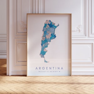 Argentina diseñador mapa imprimir arte de la pared azul, Argentina arte impresión decoración para el hogar o regalo, cartel de la pared del mapa del país de Argentina, impresión de mapa mínimo