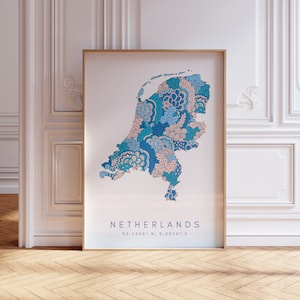 Impression de carte des Pays-Bas, art mural bleu pastel de style minimaliste, impression d'art des Pays-Bas pour la maison ou un cadeau, affiche de carte en couleur du pays des Pays-Bas