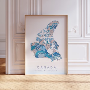Canadá diseñador mapa imprimir arte de la pared azul, decoración de impresión de arte de Canadá para el hogar o el regalo, cartel de la pared del mapa del país de Canadá, impresión de mapa mínima