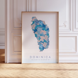 Dominica Designer Map Print Blue Wall Art, Dominica Art Print Decor For Home or Gift, Dominica Country Map Wall Poster, Minimal Map Print