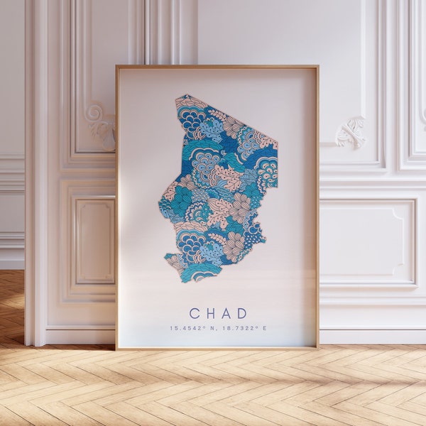 Chad Designer Map Print Blue Wall Art, Chad Art Print Decor For Home or Gift, Chad Country Map Wall Poster, Minimal Map Print