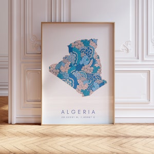 Algerien Designer Karte Druck Blaue Wandkunst, Algerien Kunstdruck Dekor für Haus oder Geschenk, Algerien Landkarte Wandposter, minimale Karte Druck