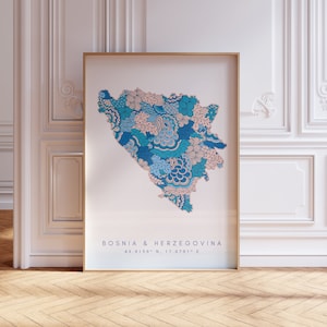 Bosnia Herzegovina diseñador mapa imprimir arte de la pared azul, Bosnia Herzegovina arte impresión decoración para el hogar o regalo, cartel de la pared del mapa, impresión de mapa mínima
