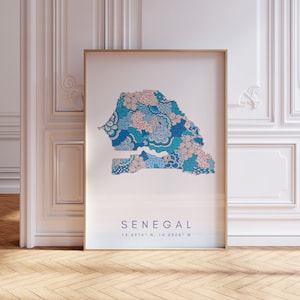 Senegal Mapa Imprimir estilo minimalista Arte de pared azul pastel, Decoración de impresión de arte de Senegal para el hogar o regalo, Cartel del mapa vertical del país de Senegal