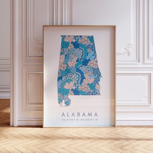 Impression de carte de l'État de l'Alabama pour le bureau, la maison et le cadeau - Art mural carte de l'État de l'Alabama, carte de l'Alabama moderne et minimaliste, impression de voyage aux États-Unis