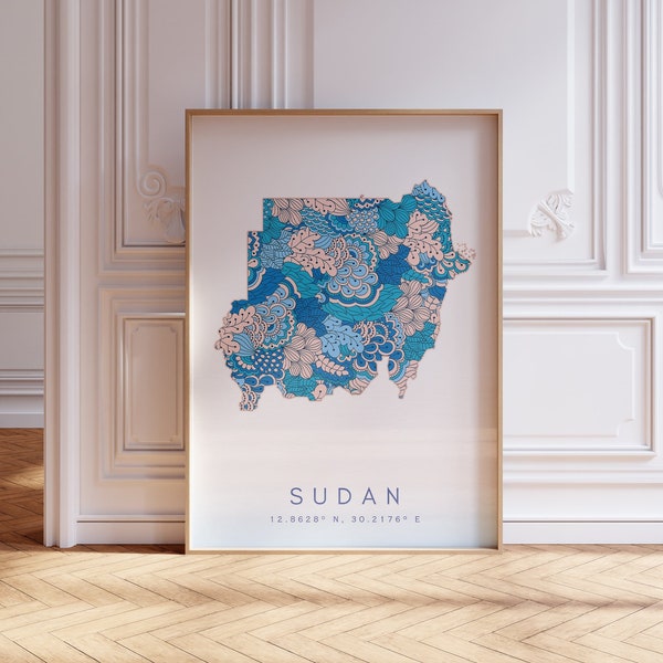 Soedan kaart print minimalistische stijl pastel blauwe muur kunst, Soedan Art Print decor voor thuis of cadeau, Soedan land kaart poster, Soedan kaart muur opknoping